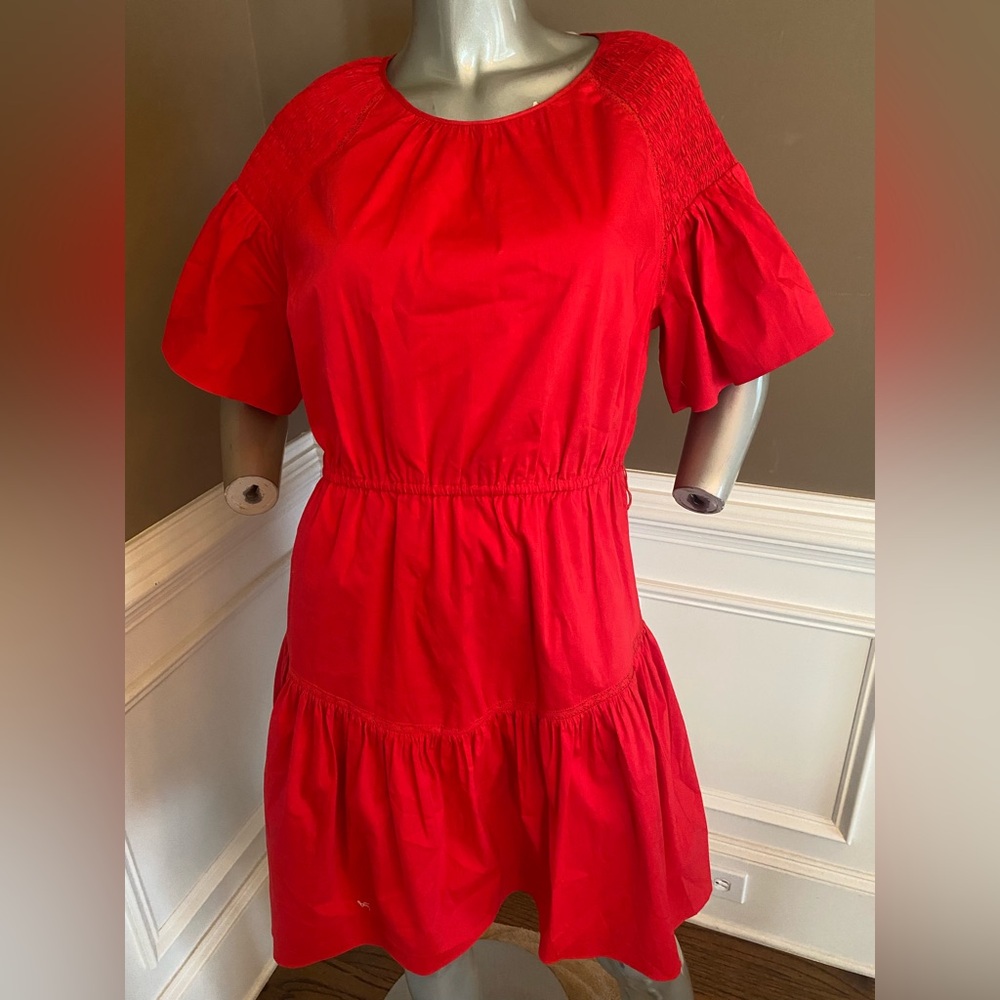 Rachel Parcell Bright Red Short Sleeve Tiered Cotton Dress size L Missing Belt!